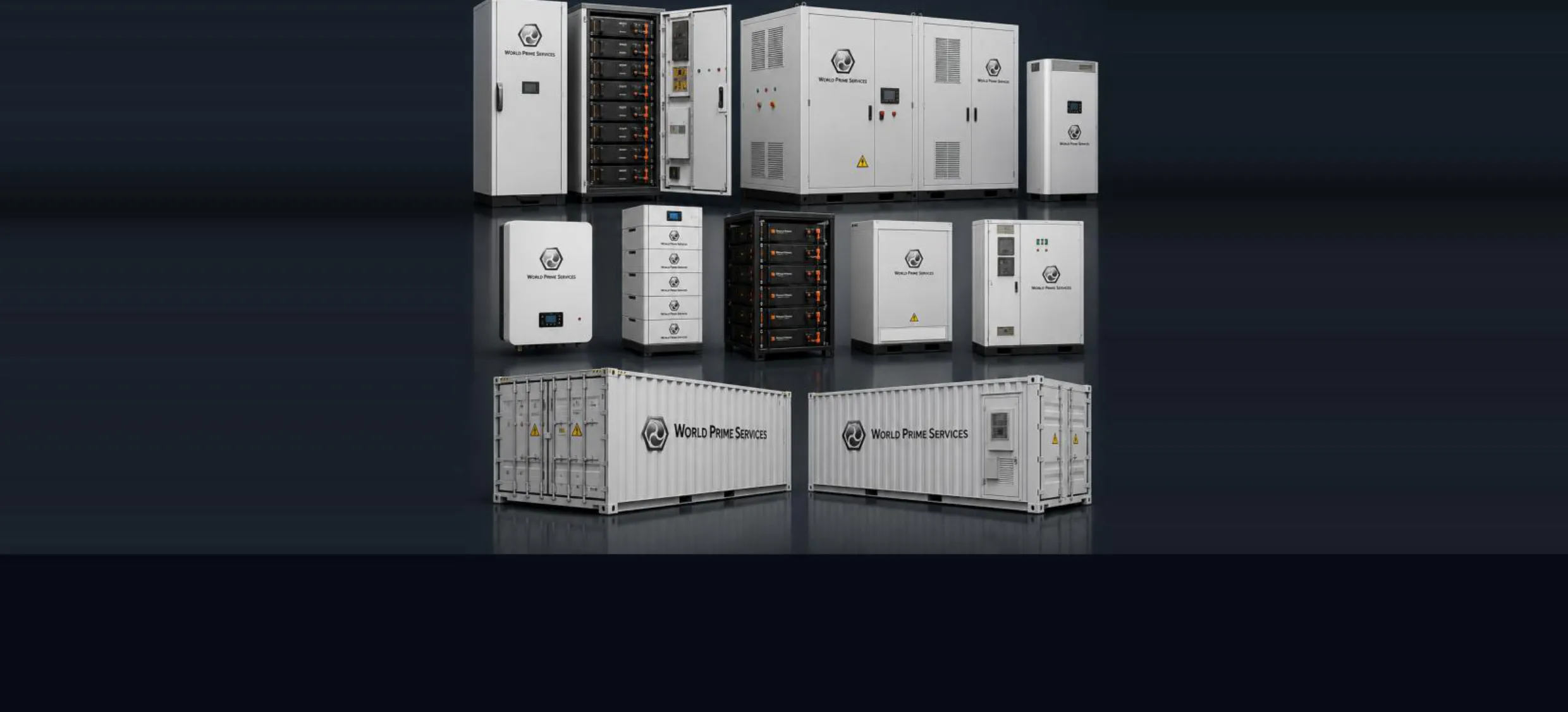 Portfólio de produtos BESS World Prime Services — gabinetes, racks, sistemas residenciais e containers de armazenamento de energia
