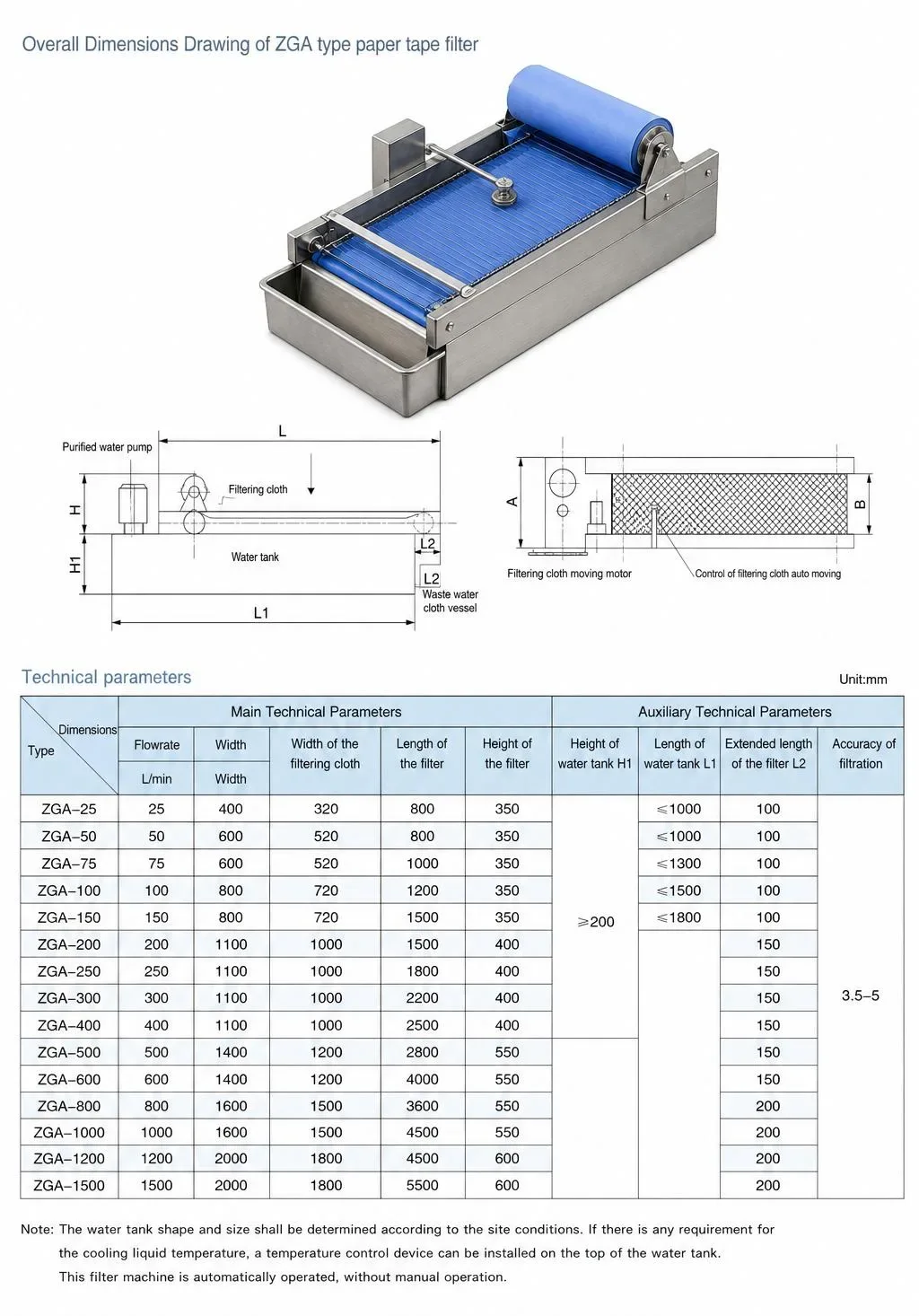 Desenho dimensional e parâmetros técnicos principais do filtro de fita de papel ZGA