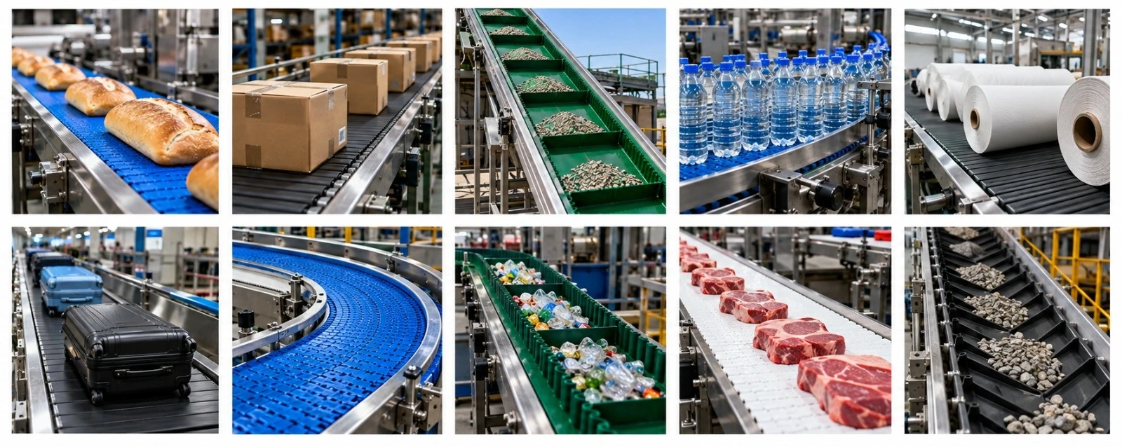 Infográfico de aplicações por indústria — PVC, PU, correias modulares e especiais