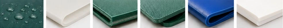 Correias de TPEE — resistência a gotas d'água, textura lisa, verde emborrachado, azul e branco