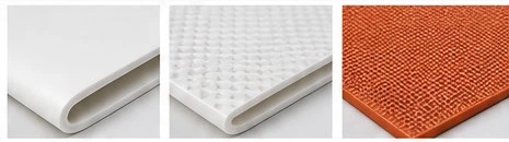 Correias de silicone em close-up — superfície lisa, emborrachada e tipo diamante
