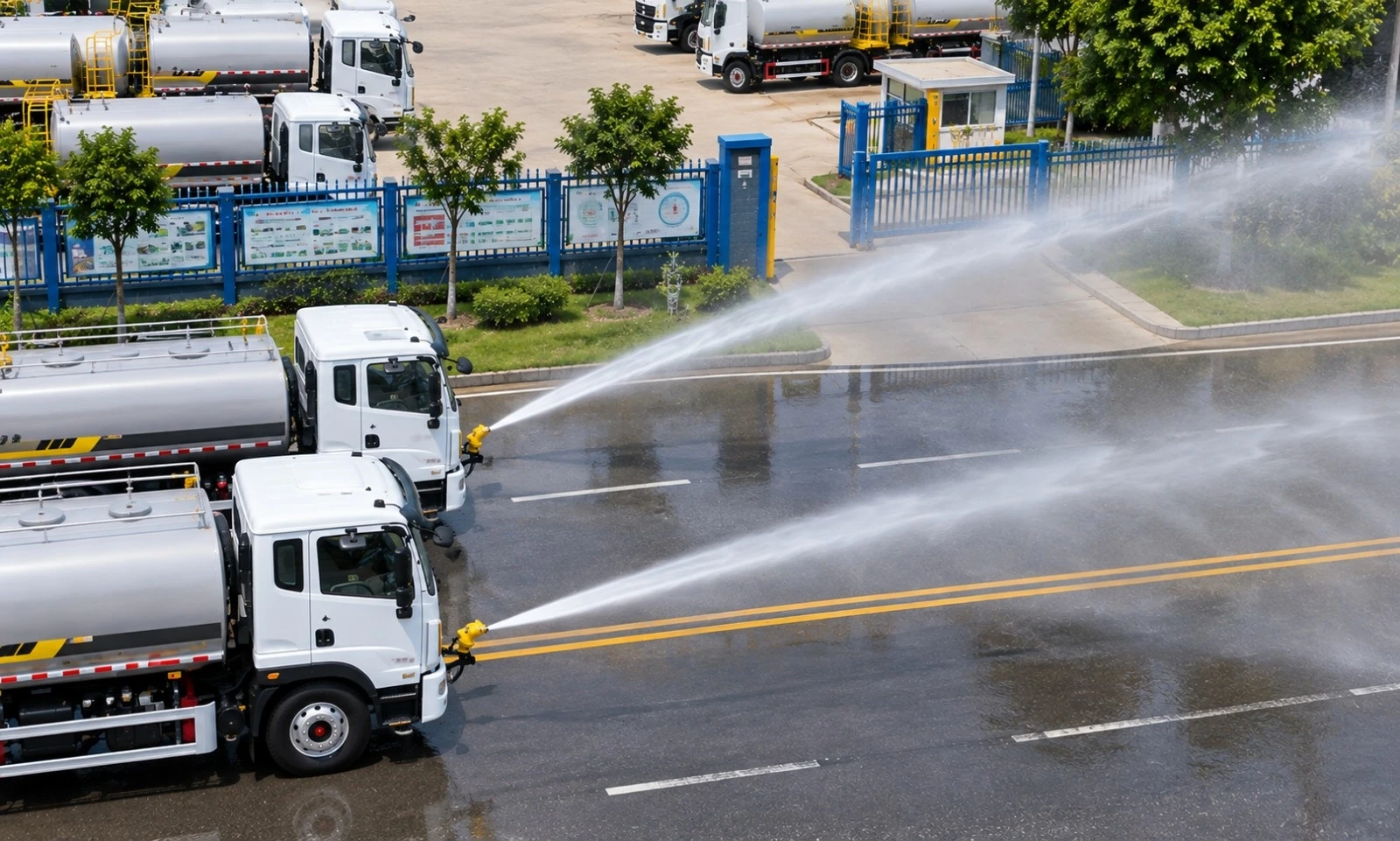 Dois caminhões de supressão de poeira New Energy em operação de aspersão frontal
