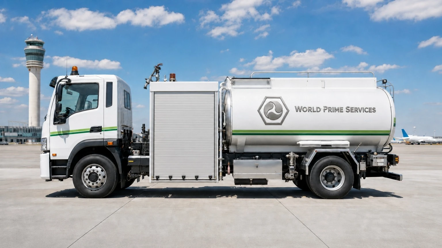 Aero E-Refueler X5 com o compartimento da bomba de abastecimento fechado, estacionado em pátio de aeroporto