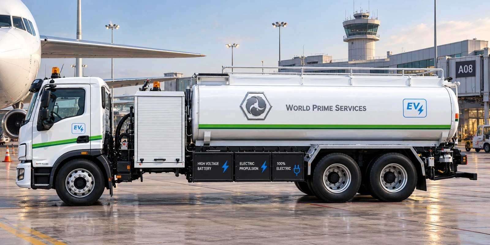Aero E-Refueler X12, caminhão-tanque elétrico de abastecimento de aeronaves de 12.000 litros, com o compartimento da bomba fechado, estacionado em pátio de aeroporto