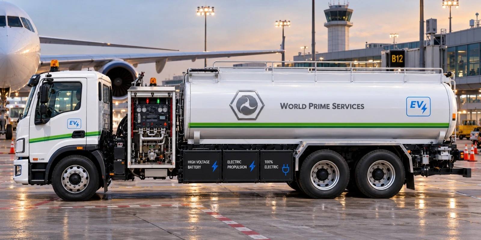 Aero E-Refueler X20, caminhão-tanque elétrico de abastecimento de aeronaves de 20.000 litros, estacionado em pátio de aeroporto