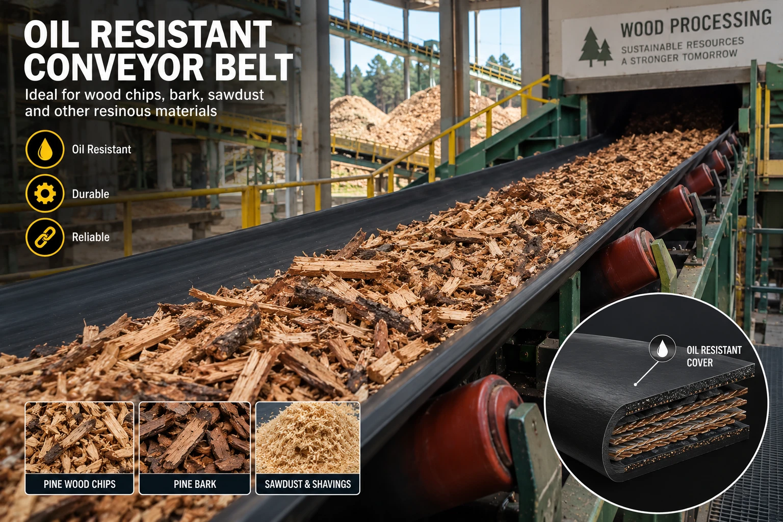 Infográfico fornecido pelo cliente, com o texto “OIL RESISTANT CONVEYOR BELT”: correia transportadora carregada de cavacos de pinus em uma serraria, com miniaturas de cavacos de pinus, casca de pinus e serragem/maravalhas, e um corte da correia mostrando a cobertura resistente a óleo sobre a carcaça de lonas.