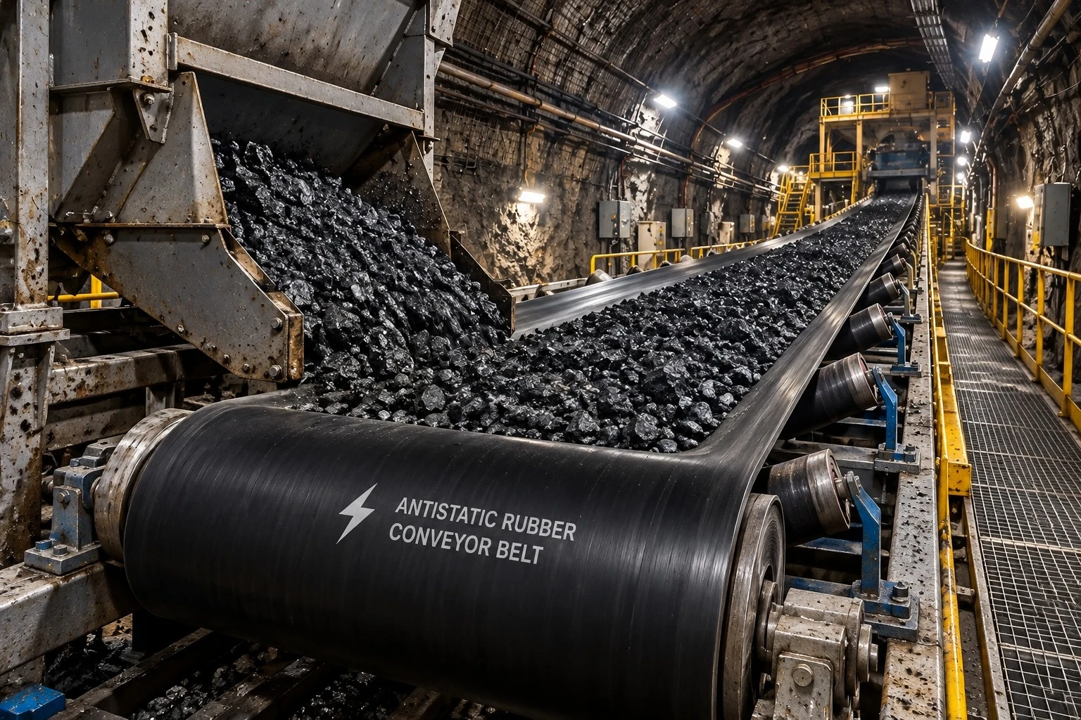 Correia transportadora antiestática em operação em túnel de mineração subterrânea