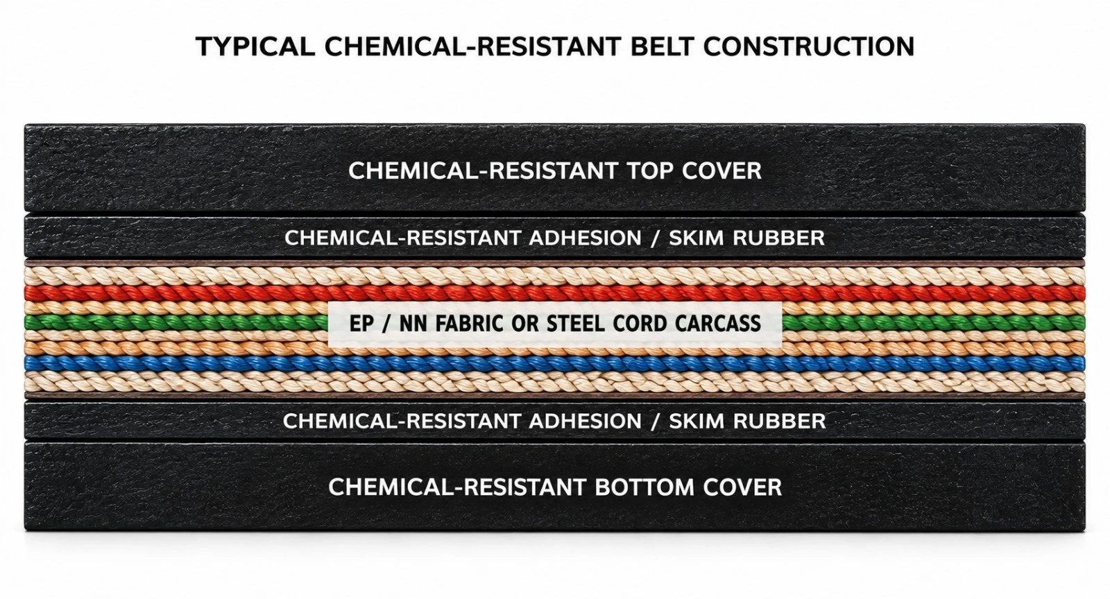 Diagrama das camadas da correia resistente a produtos químicos: cobertura superior, borracha de adesão/skim, carcaça de tecido EP/NN ou cabo de aço, borracha de adesão/skim e cobertura inferior, todas em composto resistente a produtos químicos