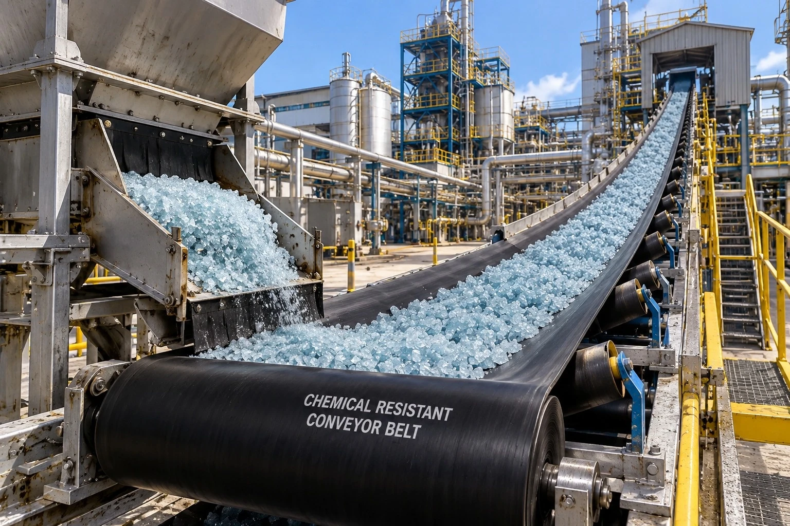 Correia transportadora resistente a produtos químicos em planta industrial, transportando material granulado ao lado de tanques de processo químico