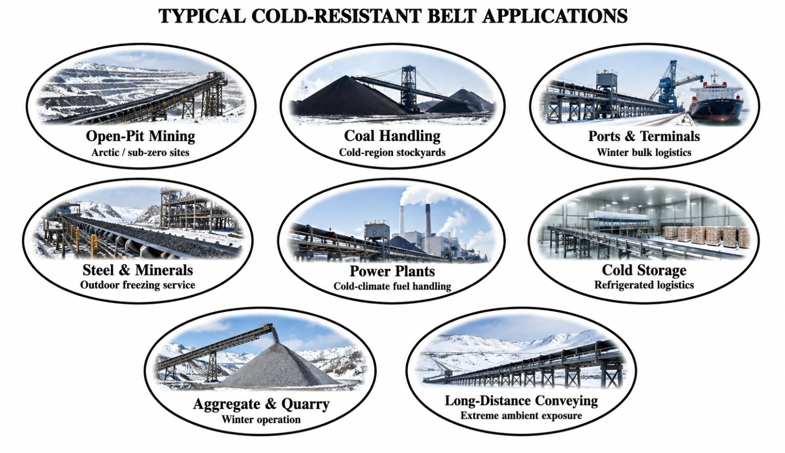Diagrama das indústrias típicas de aplicação da correia resistente a frio: mineração a céu aberto (sítios árticos/subzero), manuseio de carvão (pátios em região fria), portos e terminais (logística a granel de inverno), aço e minerais (serviço externo de congelamento), usinas de energia (manuseio de combustível em clima frio), câmara fria (logística refrigerada), agregados e pedreira (operação de inverno) e transporte de longa distância (exposição ambiental extrema)