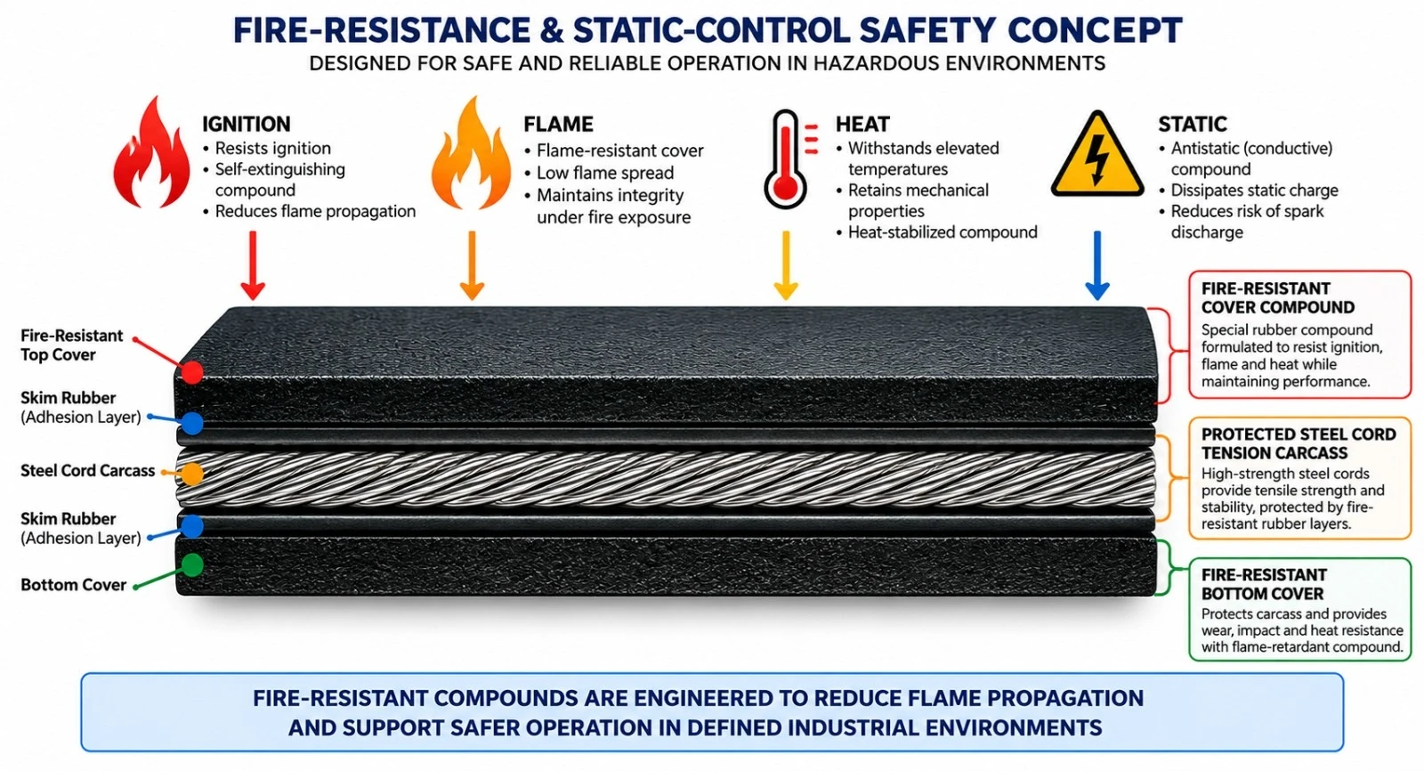 Diagrama do conceito de segurança de resistência ao fogo e controle estático: ignição, chama, calor e estática incidindo sobre o composto de cobertura resistente ao fogo, que protege a carcaça de cabo de aço