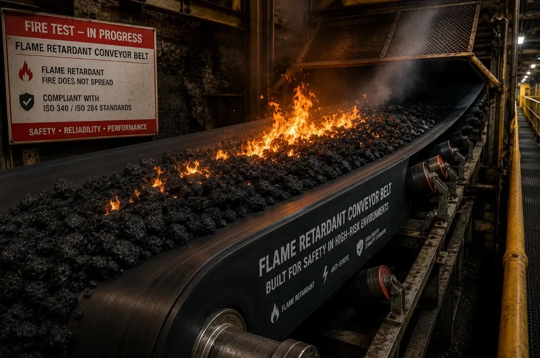 Teste de fogo em correia transportadora resistente a chamas
