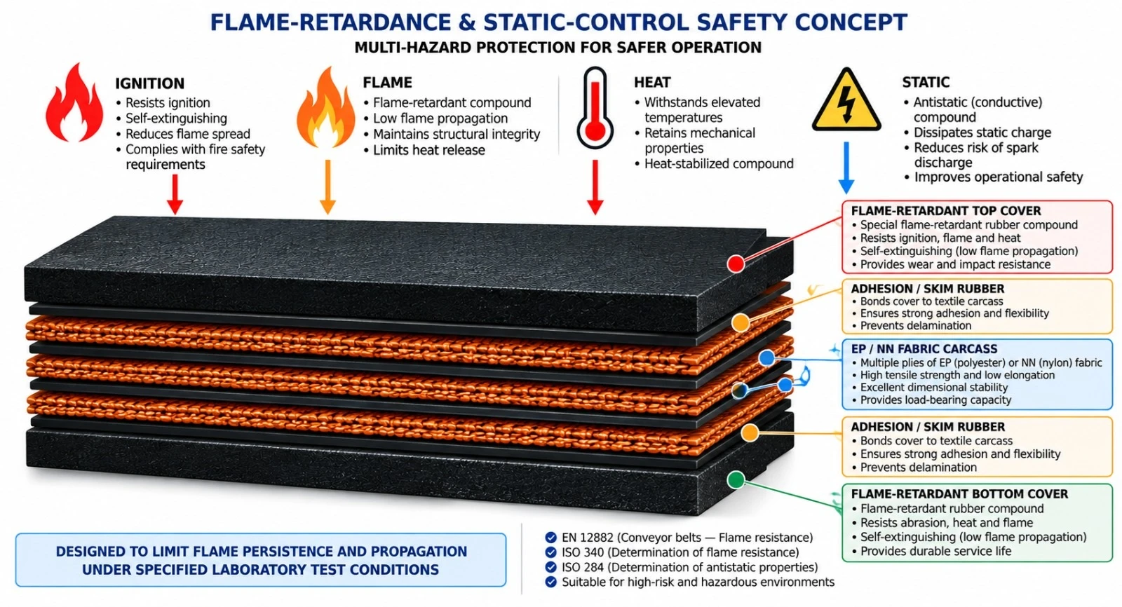 Diagrama do conceito de segurança de resistência a chamas e controle estático: ignição, chama, calor e estática incidindo sobre o composto de cobertura retardante de chama, que protege a carcaça de sustentação de carga