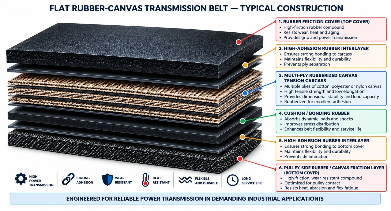 Diagrama das camadas da correia de transmissão de borracha e lona: cobertura de atrito de borracha, camada intermediária de alta adesão, carcaça de tração multicamada de lona borrachada, borracha de amortecimento/adesão, camada intermediária de alta adesão e camada de atrito de borracha/lona do lado da polia