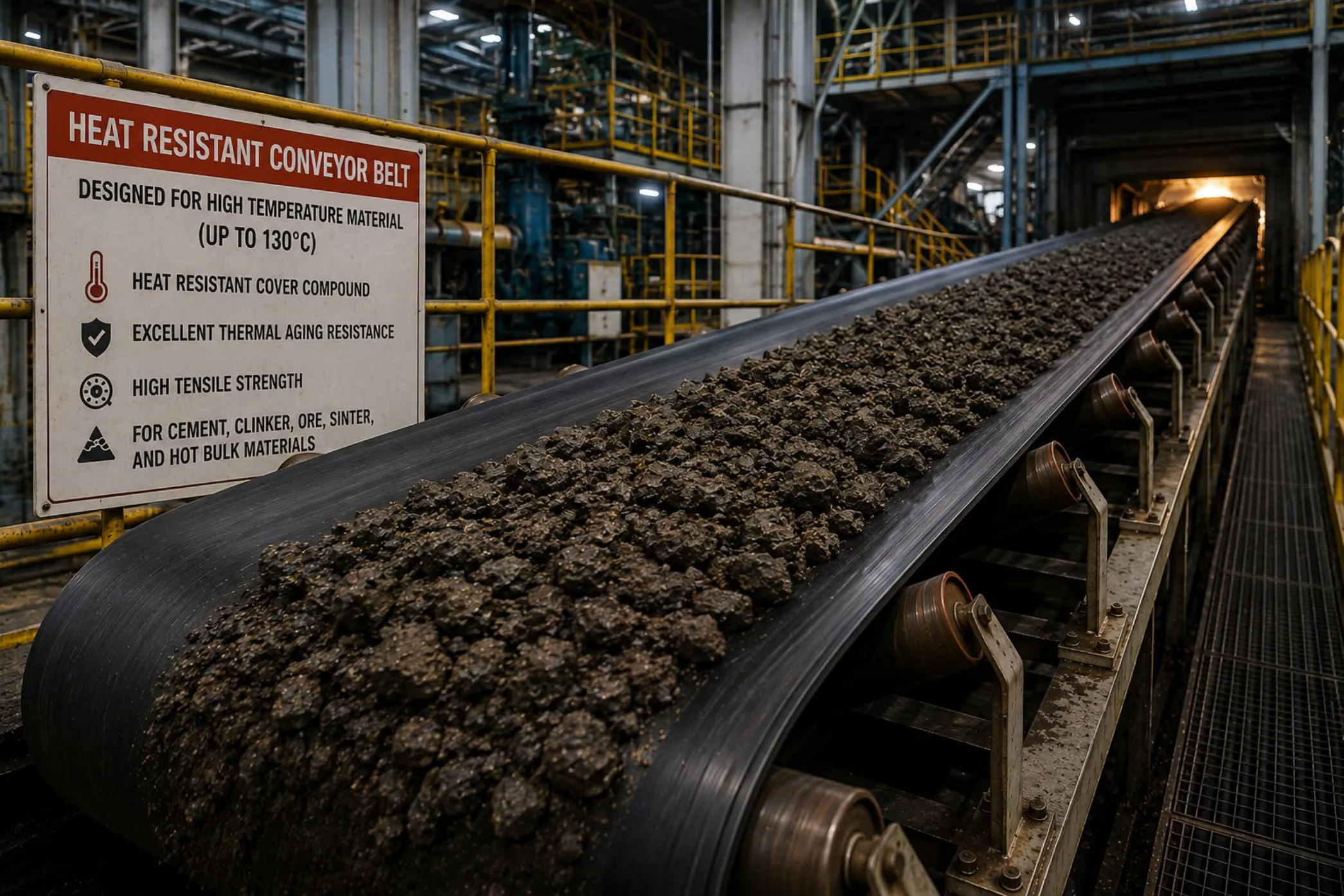 Correia transportadora resistente ao calor transportando material quente em planta industrial, sinalização de segurança para temperatura de até 130°C