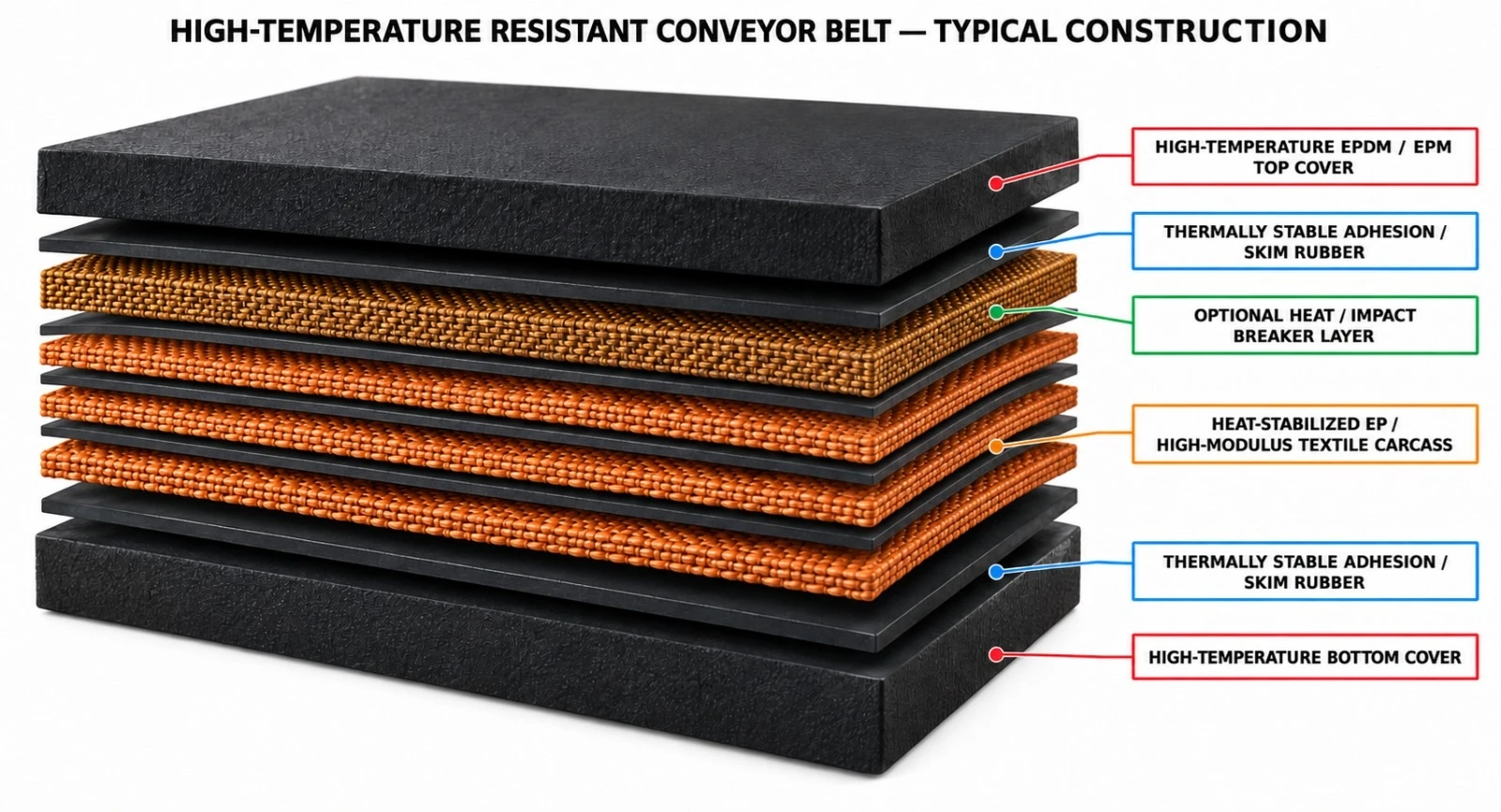 Diagrama das camadas da correia resistente a alta temperatura: cobertura superior EPDM/EPM de alta temperatura, borracha de adesão/skim termicamente estável, carcaça têxtil EP/de alto módulo estabilizada ao calor, camada opcional quebra-impacto/calor, borracha de adesão/skim termicamente estável e cobertura inferior de alta temperatura