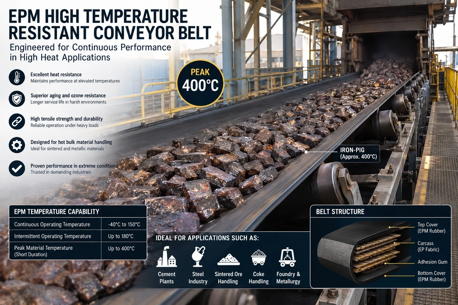 Correia transportadora EPM resistente a alta temperatura, até 400°C