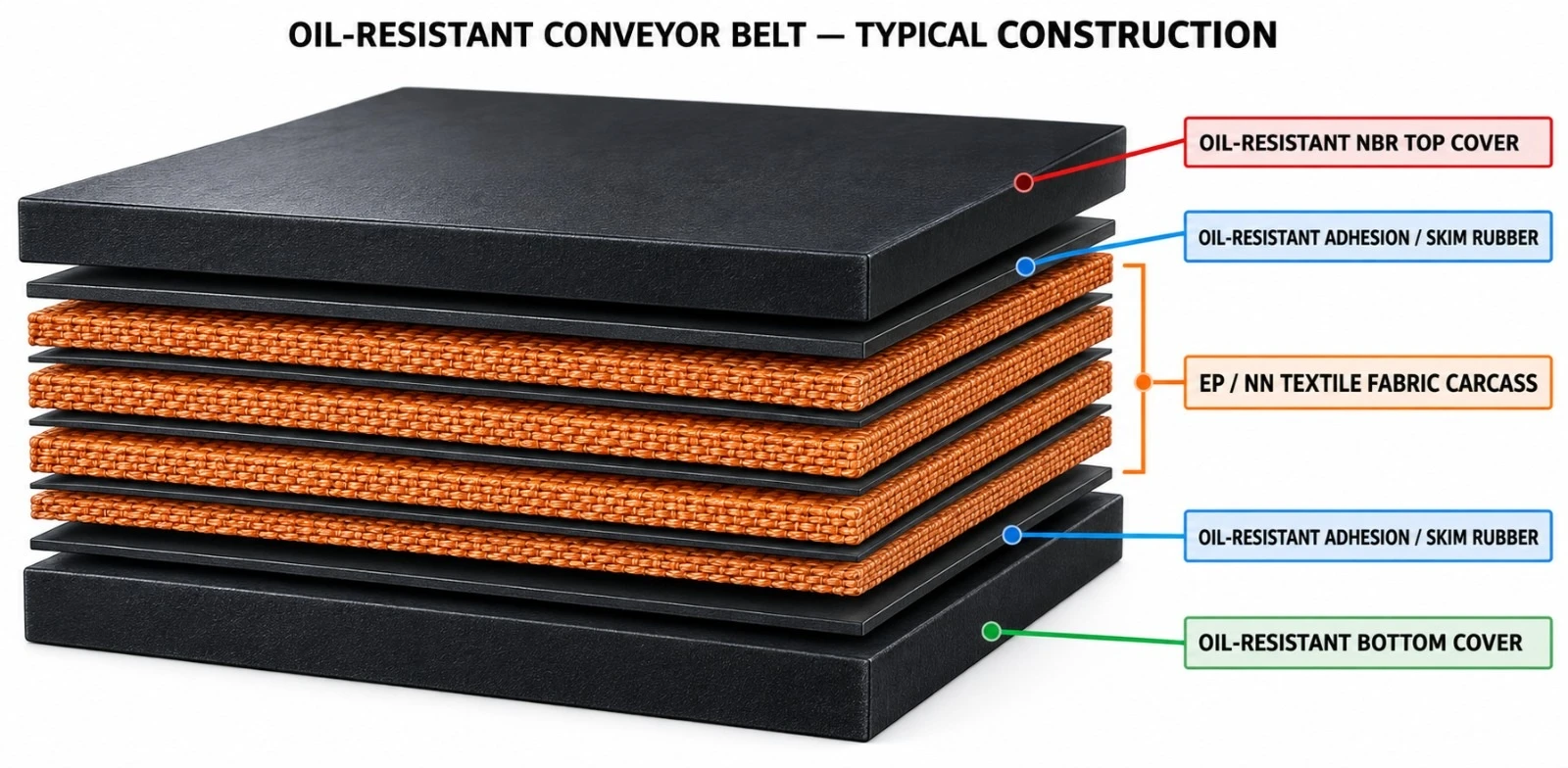 Diagrama das camadas da correia resistente a óleo: cobertura superior NBR resistente a óleo, borracha de adesão/skim resistente a óleo, carcaça de tecido EP/NN ou cabo de aço, borracha de adesão/skim resistente a óleo e cobertura inferior resistente a óleo