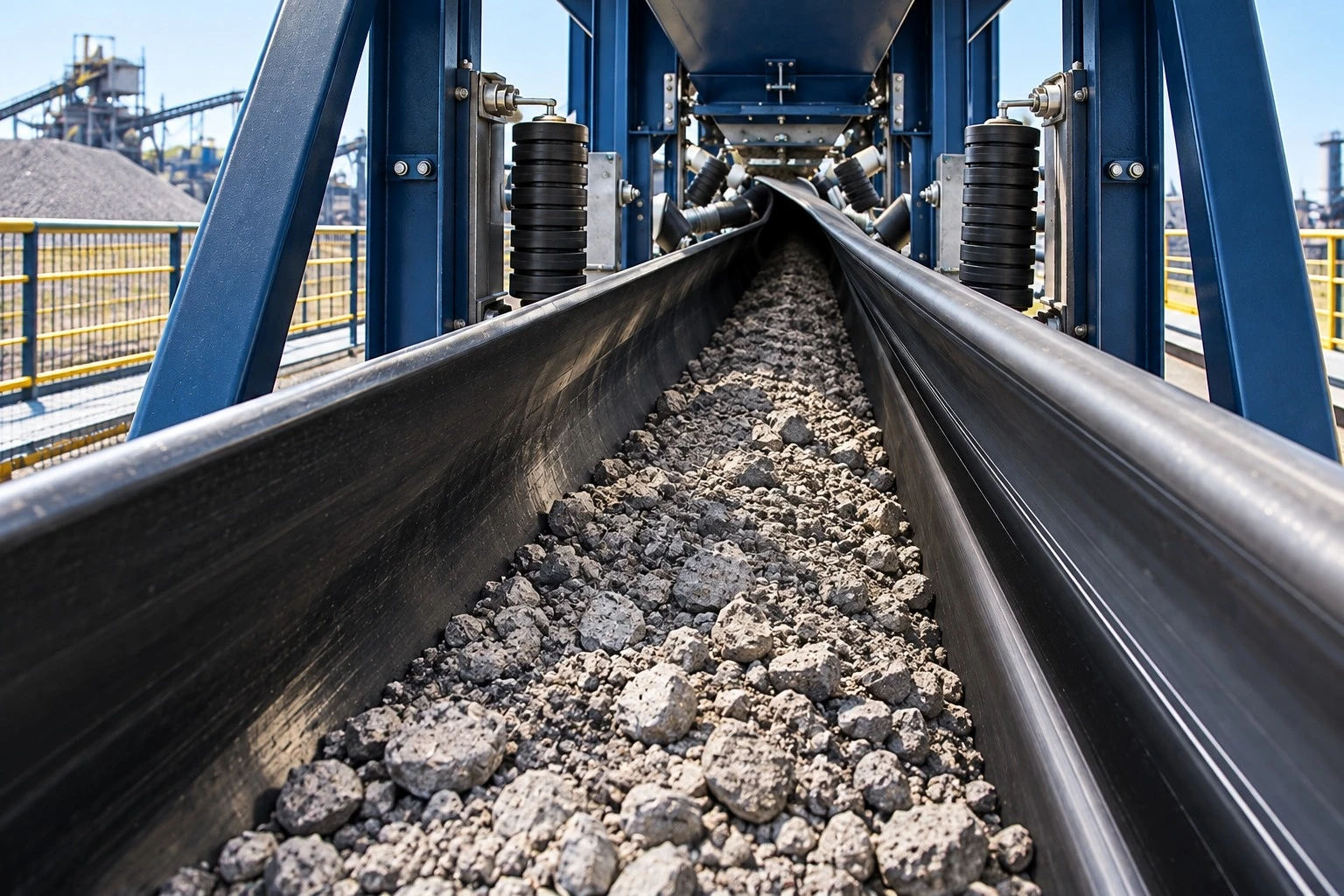 Vista interna de correia transportadora tubular fechada, transportando material granulado por dentro do tubo formado pela correia