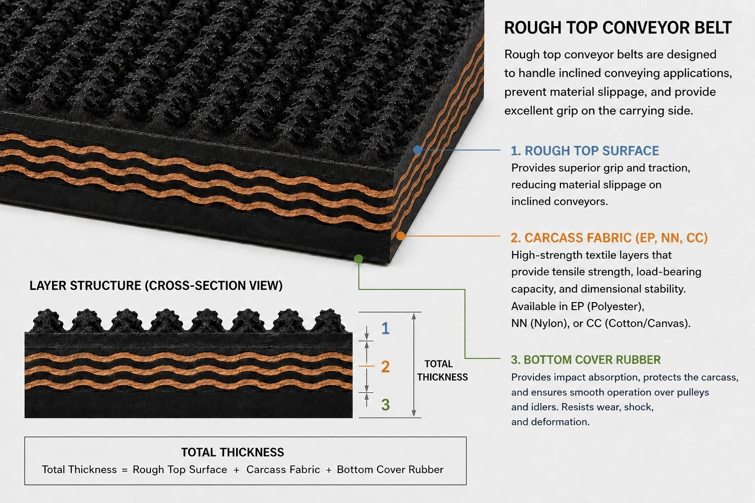 Infográfico da correia transportadora rough top: superfície rough top, carcaça têxtil (EP, NN ou CC) e cobertura inferior de borracha, com vista em corte transversal e espessura total