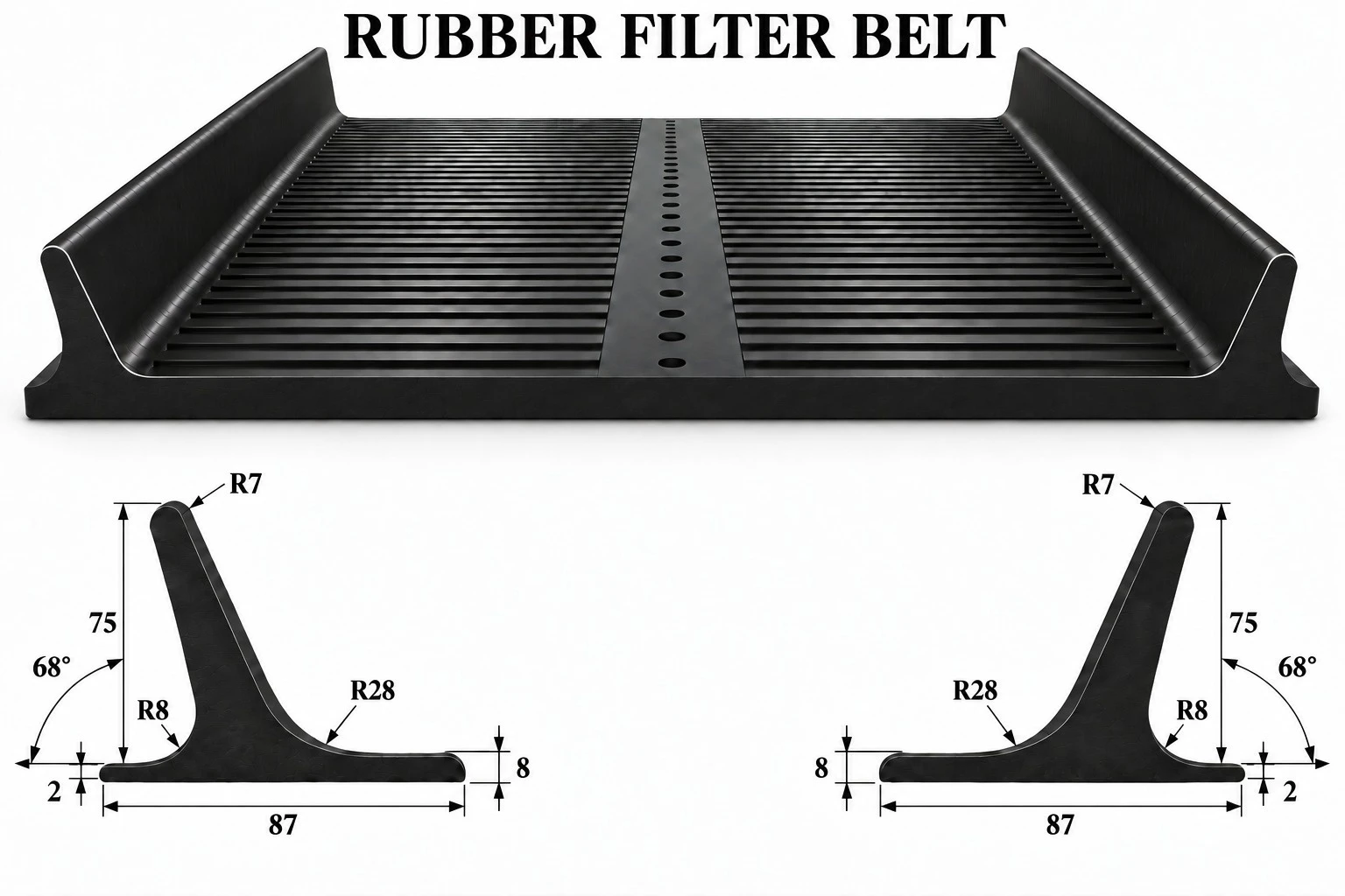 Diagrama técnico da correia filtrante Rubber Filter Belt com ranhuras de drenagem